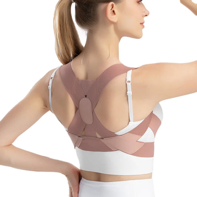 Woman wearing a Pink posture corrector on a white background